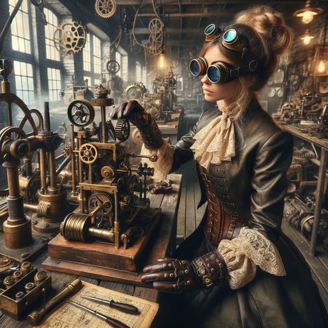 Steampunk Inventor, Steampunk Aesthetic Outfit, Steampunk Inventor Aesthetic, Steam Punk Character Design, Mechanic Aesthetic Steampunk, Steam Punk Mechanic, Steampunk Pilot Woman, Steampunk Workshop, Steampunk Engineer Female