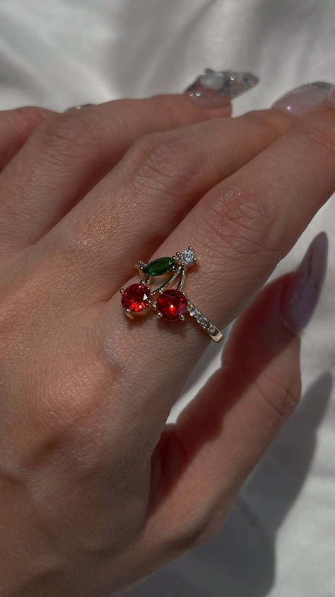 Summer Cherry Nails, Tiny Nail Designs, Red Jewelry Aesthetic, Cherry Outfit Ideas, Cherry Rings, Cherry Aesthetics, Cherry Accessories, Cherry Stuff, Cherry Fashion