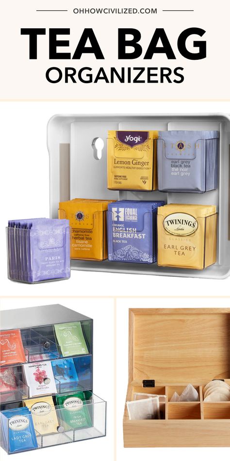 These are some of the best tea organization tips from Oh How Civilized! Do you have a shelf or drawer full of tea bags and don’t know how to keep them all organized? These tips will help you find the perfect tea bag organizer to keep everything neat and tidy. #tea #teabags #teatools #teatime Hot Tea Storage, Yea Bag Organization, Tea Bag Display Ideas, Teabag Storage Ideas, Teabag Organization, Tea Shelf Organization, Organizing Tea Bags, Diy Tea Bag Organizer Dollar Tree, Diy Tea Bag Organizer