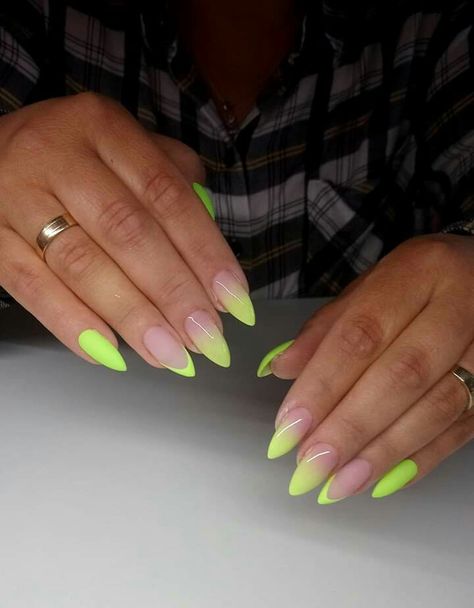 Neon Nails Oval Shape, Nail Designs For Jamaica, Neon Yellow Acrylic Nails Almond, Neon Nail Tips Design, Neon Yellow Almond Nails Designs, Bright Yellow Tip Nails, Neon Nail Inspo Almond, Neon Nails Acrylic Almond, Yellow Neon Nails Design