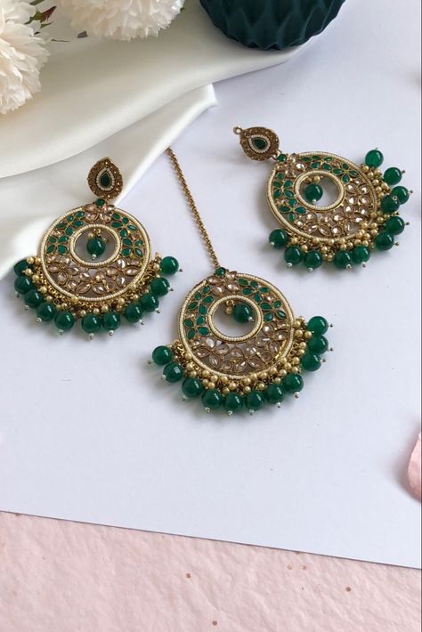 Mehndi Party, Kundan Earrings, Pink Brand, Green Cream, Green Jewelry, Indian Jewellery, Teal Colors, Pink Earrings, Matching Dresses