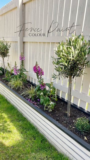 Backyard Painted Fence, Fencing Garden Ideas, Garden Painted Fence, Back Garden Fence Colour Ideas, Garden Painted Wall, Garden Fence Makeover, Garden Garage Wall Ideas, Colourful Garden Decor, Sage Green Fence Garden