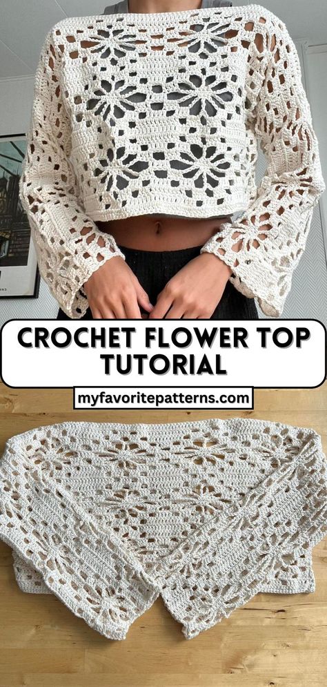 Crochet Flower Top Tutorial - Free Crochet Pattern Crochet Flower Top, Crochet Crop Top Pattern, Mode Crochet, Diy Vetement, Crochet Design Pattern, Crochet Tops Free Patterns, Crochet Summer Tops, Flower Top, Haken Baby