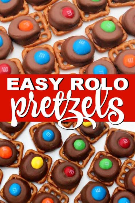 Pretzel Rolos Pecans, Easy Pretzel Dessert Snacks, Pretzel With Rolos And M&ms, Pretzel Bites With Rolos, Pretzel Rolo M&m Recipe, Pretzel Reeses Treats, Square Pretzels With Rolos, Rolo Pretzel Turtles Recipe, Rollo Candy Desserts