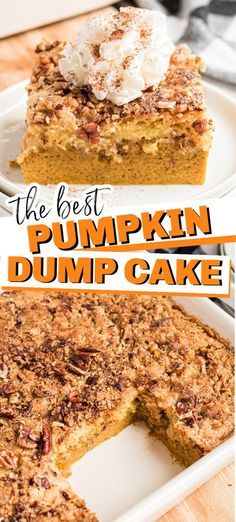 Pumpkin dump cake is an easy fall recipe that you just dump and bake. The bottom layer is a perfect, creamy pumpkin pie topped with a buttery pecan cake layer. #falldessert #pumpkin #dumpcake #easydessert #pumpkinspice Easy Pumpkin Dump Cake, Thanksgiving Desserts Pie, Pumpkin Dump Cake Recipe, Pumpkin Dump, Pumpkin Crunch Cake, Cheesecake Oreo, Dump Cake Recipe, Pumpkin Crunch, Dessert Oreo