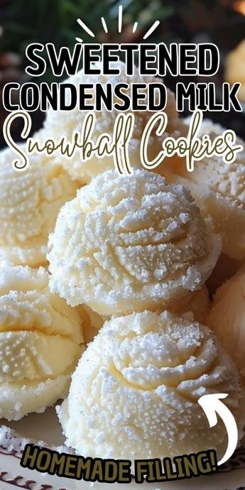 Sweetened Condensed Milk Snowball Cookies Sweeten Condensed Milk Snow Ball Cookies, Milk Snowball Cookies, Sweetened Condensed Snowballs, Snowball Cookies Recipe Sweetened Condensed Milk, No Bake Baking Recipes, Snow Ball Cookies Recipe, Sweetened Condensed Milk Snowballs Cookies, Sweetened Condensed Milk Snow Ball Cookies, Recipes Using Milk Desserts