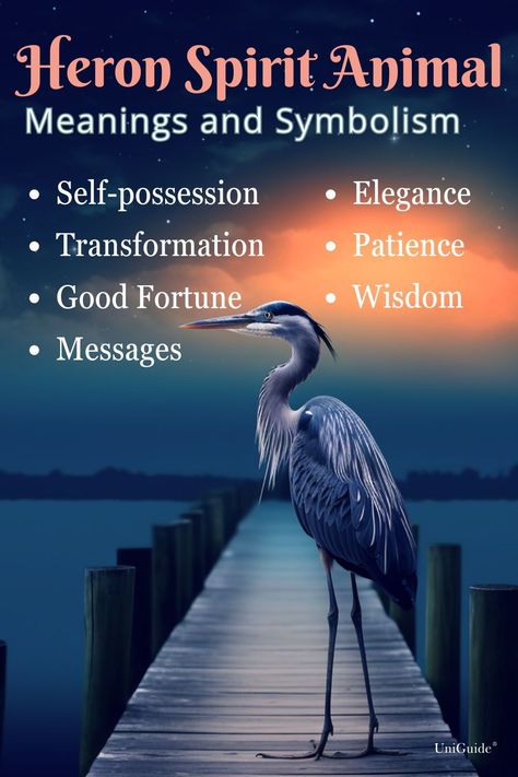 Learn about heron symbolism and meaning, including spiritual meaning, as well as the heron spirit animal on UniGuide. #heron #symbolism #spiritanimal #elegance #patience #selfpossession #wisdom #messages #transformation #goodfortune #graceful #bird #nature #symbolic #reflection #serenity #insight #calmness #wadingbird #spiritguide #quietstrength #tranquility #intuition #majestic #wings #gracefulness #naturalworld #innerpeace #symbolicmeaning #balance #heronwisdom Blue Heron Spiritual Meaning, Heron Spiritual Meaning, Heron Meaning, Heron Symbolism, Bird Symbolism Meaning, Crane Symbolism, Animals Meaning, Spiritual Animals, Spirit Animal Meaning