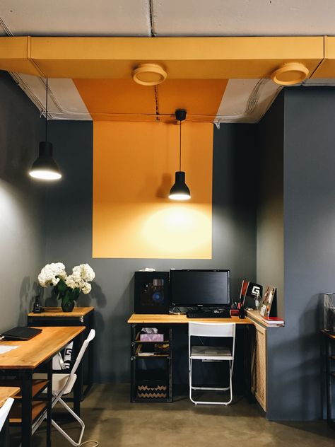 Orange And Black Office, Fabric Shop Display, Yellow Office, Room Color Combination, Office Wall Design, Black Shelves, Dream Office, Black Office, Orange Walls