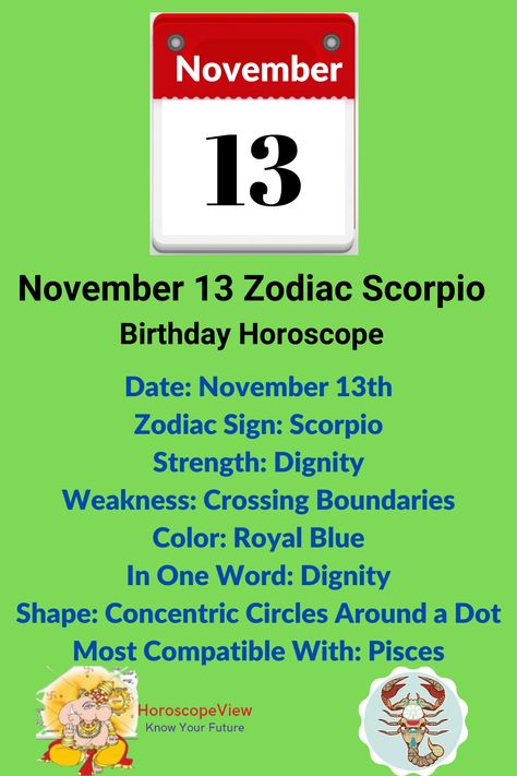 November 13 zodiac sign Scorpio birthday horoscope and astrology predictions for all your life aspects help you lead your life happily. In this article, you will get to know all about Nov 13 Scorpio zodiac predictions such as love, job, money, business, family, education, children, health and more. Also, you will get an answer for what is the zodiac sign for November 13 born? November 13 Birthday, November 13 Zodiac, Personality Characters, Life Aspects, Positive And Negative Traits, Zodiac Predictions, 13th Zodiac Sign, Scorpio Astrology, Birthday Personality