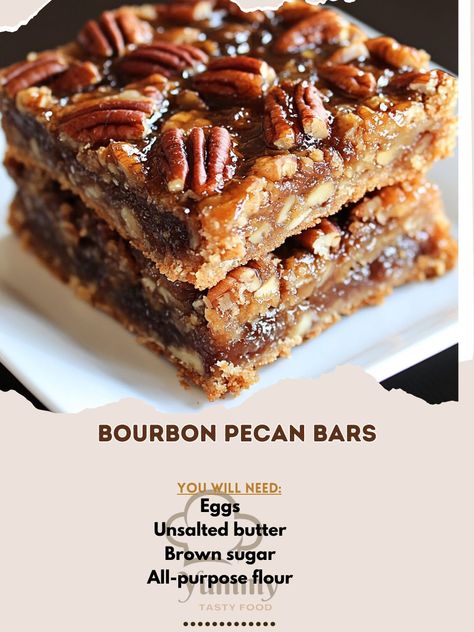 Satisfy your sweet tooth with these scrumptious Bourbon Pecan Bars! 🥃🥧 A delightful treat for every occasion!" Bourbon Pecan Bars Ingredients: All-purpose flour (1½ cups) Brown sugar (¾ cup) Unsalted butter (½ cup, melted) Eggs (2) Granulated sugar (¾ cup) Corn syrup (½ cup) Bourbon (¼ cup) Chopped pecans (1 cup) Vanilla extract (1 tsp) Salt (¼ tsp) Instructions: Preheat oven to 350°F (175°C) and grease a 9x9 inch pan. Mix flour, brown sugar, and melted butter in a bowl. Press the mixture... Bourbon Pecan Chocolate Chunk Cookies, Brown Sugar Bourbon Pecan Cookies, Bourbon Pecan Bars Recipe, Brown Butter Bourbon Pecan Cookies, Bourbon Pecan Pie Bars, Pecan Cheesecake Bars, Pecan Bars Recipe, Easy Sweet Treats, Bourbon Pecan Pie