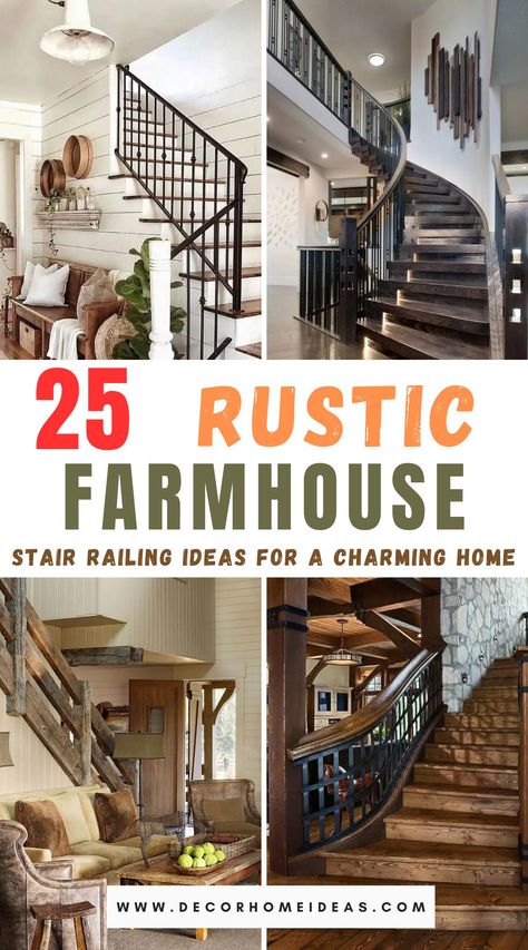 Enhance your home's appeal with these 25 charming farmhouse rustic stair railing ideas. Explore creative and rustic design inspirations that add character and warmth to your staircase, making it a standout feature in your home. Creative Stair Railings, Farmhouse Staircase Railing, Rustic Stair Railing Ideas, Rustic Stair Railing, Stairway Railing Ideas, Modern Farmhouse Staircase, Stair Railing Ideas, Indoor Stair Railing, Staircase Metal