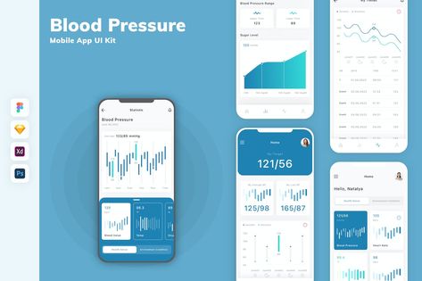 Blood Pressure Mobile App UI Kit Blood Pressure App, Iphone Ui, Mobile App Ui, Health App, App Ui Design, Ui Kit, App Ui, Heart Rate, Blood Pressure