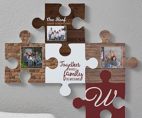 Puzzle Piece Picture Frames, Wall Puzzle, Puzzle Piece Crafts, Puzzle Decor, Rustic Wood Background, Family Story, Laser Cut Wood Crafts, Diy Puzzles, Photo Wall Decor