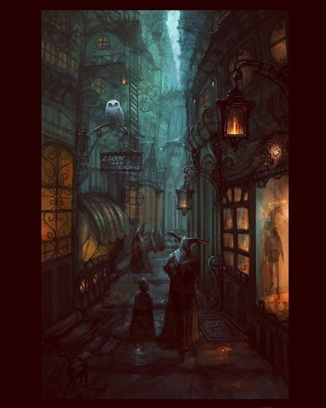 Fantasy Alleyway, Alley Background, Street Alley, Harry Potter Illustrations, Teal And Orange, Fantasy Rooms, Cinematic Lighting, Hogwarts Castle, Potter Art