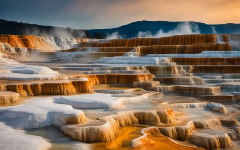 Explore the wonders of Mammoth Hot Springs Terraces, a natural marvel sculpted by geothermal forces and limestone in Yellowstone. Mammoth Hot Springs Yellowstone, Mammoth Hot Springs, The Seventh Seal, Hot Springs, Seals, Springs, Terrace, Marvel