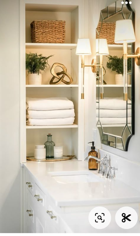 Bathroom With Built In Cabinets, Bathroom Vanity Built In Shelves, Built In Shelves For Bathroom, Built In Shelves Bathroom Decor, Bathroom Cabinet Configurations, Vanity Niche Bathroom, Closed In Toilet Master Bath, Bathroom Shelves Built In, Bathroom Storage Between Studs