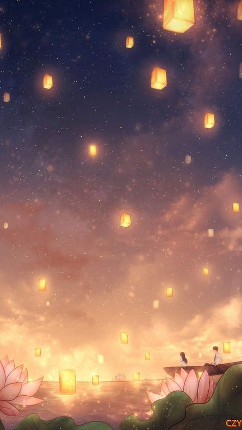 Lantern Wallpaper, I See The Light, Floating Lanterns, Sky Lanterns, Japon Illustration, 판타지 아트, Anime Scenery Wallpaper, Scenery Wallpaper, Fantasy Landscape