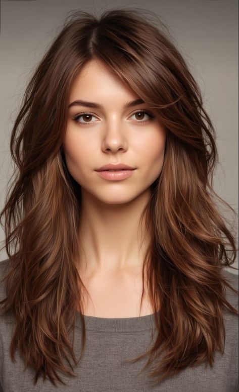 Face Frame Haircut Side Part, Side Parting Layered Hair, Long Hairstyles With Side Part, Side Part With Face Framing Layers, Side Part Haircut Long Hair, Wispy Layered Hair Medium, Long Layered Hair With Side Part, Bangs With Soft Layers, Side Part Long Bangs