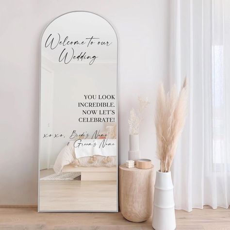 Welcome to our Wedding, you look Incredible Vinyl Decal for Wedding Mirror. Transform your wedding mirror into a stunning focal point with our custom vinyl decal. This elegant script will greet your guests with warmth and set the perfect tone for your special day. Personalized Elegance: Make your celebration uniquely yours by customizing this decal with your name. The delicate script adds a touch of sophistication, creating a memorable entrance for everyone. Mirror Magic: This decal is designed Welcome To Our Wedding Sign On Mirror, You Look Great Wedding Mirror, Wedding Mirror You Look Great, Diy Mirror For Wedding, Mirror Sayings For Wedding, Wedding Decals Vinyl Lettering, Full Body Mirror Welcome Sign Wedding, Wedding Picture Mirror, Big Mirror Wedding Decor