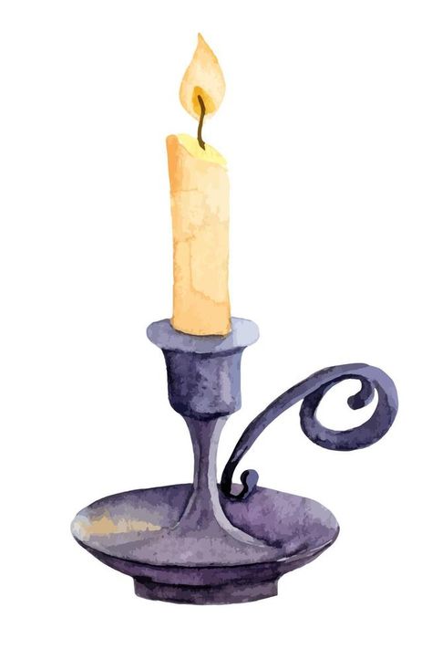 Watercolor Vintage Candlestick with yellow Candle with light orange Light. Hand drawn vector Illustration of Candlelight. Isolated object on white background for or Christmas, Halloween or New Year Vintage Candle Drawing, Light Watercolor Painting, Watercolor Candles Painting, Cookie Drawing Easy, Candle Reference, Candles Illustration, Watercolor Candle, Candle Sketch, Candle Watercolor