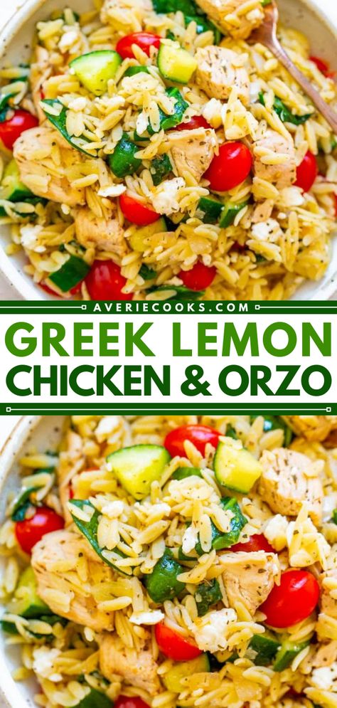 Greek Lemon Chicken and Orzo - Averie Cooks Lemon Chicken And Orzo, Chicken And Orzo, Mediterranean Recipes Healthy, Mediterranean Diet Recipes Dinners, Orzo Pasta Salad, Greek Lemon Chicken, Easy Mediterranean Diet Recipes, Orzo Recipes, Chicken Orzo