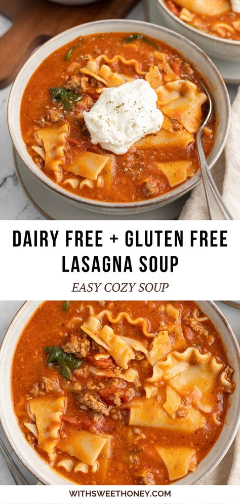 Delicious gluten free and dairy free lasagna soup. Made in under 30 minutes and perfect for leftovers that the whole family will love. #lasagna #glutenfree #dairyfree #souprecipe #soup Essen, Dairy Free Lasagna Soup, Gluten Free Lasagna Soup, Italian Sausage Spinach, Soup With Italian Sausage, Dairy Free Lasagna, Gf Dinner, Sausage Spinach, Gluten Free Lasagna