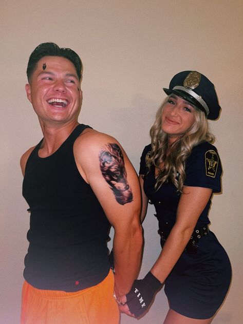 Police Offer Costume, Police Officer Costume Couple, Cops Robbers Costume, Cop And Convict Couple Costume, Couple Halloween Cop And Inmate, Cop Costume Makeup, Police Officer And Prisoner Costume Couple, Cop And Jailer Costume Couple, Cop Couple Halloween Costumes