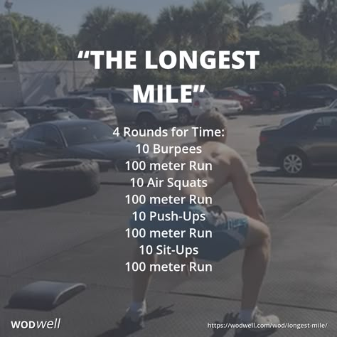 "The Longest Mile" workout was first posted in the CrossFit Forum by Shane Threlkeld on July 17, 2008. It has since been adopted as a benchmark WOD by multiple gyms throughout the CrossFit community.  See videos of athletes completing the workout in 17:12 and 16:50 at wodwell.com Crossfit Workouts With Running, Crossfit Running Workouts, At Home Crossfit Workouts No Equipment, Impossible Mile Workout, Wod Workouts Crossfit, Running Wod, Home Wod, Wods Crossfit, Crossfit Workouts Wod