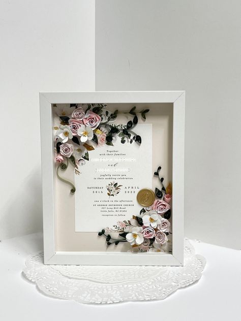 Framed Wedding Invitation Keepsake, Wedding Invitation Keepsake, Flowers Quilling, Wedding Shadow Box, Invitation Frames, Wedding Gift For Couple, Garden Theme Wedding, Personalized Couple Gifts, Handmade Flowers Paper