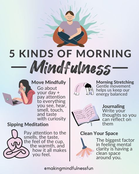 Morning Mindfulness, Mindful Activities, Mindfulness Journal Prompts, Morning Journal Prompts, What Is Mindfulness, Mindfulness Practices, Morning Meditation, Mental Health Day, Meditation For Beginners