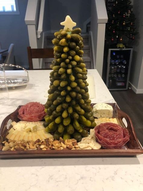 For The Love Of Pickles | Perfection! 🎄😍 | Facebook Christmas Pickle Charcuterie Board, Friendmas Party Ideas Food Appetizers, How To Make A Pickle Tree, Charcuterie Board Pickles, Pickle Christmas Tree, Christmas Picky Bits, Cranberry Charcuterie Board, Pickle Tree Charcuterie, Pickled Charcuterie Board