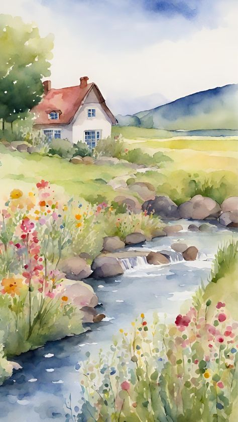 Phone and iPhone background wallpaper for lockscreen and homescreen. Cottage with meadow and stream in watercolor. Rural Landscape Painting, 자작나무 그림, Learning Painting, Watercolour Sketches, Watercolor Houses, Tiny Watercolor, Watercolor Scenery, Magic Water, Summer Wallpapers