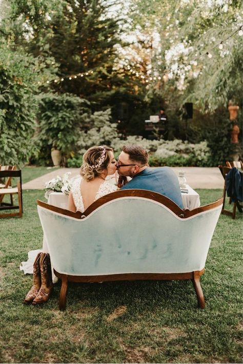 This couple's sweetheart table is extra cushy (and extra cozy!) thanks to a gorgeous, vintage-style velour loveseat. | Hartley Farms San Miguel, CA Boho Camping, Sweet Heart Table, Glam Camping, Wedding Checklist Printable, Camping Wedding, Wedding Checklists, Heart Table, Free Wedding Printables, Camp Wedding