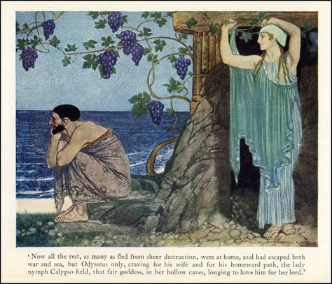 Odysseus and Calypso  illustration by William Russell Flint from a version of The Odyssey of Homer Ovid Metamorphoses, Homer Odyssey, William Russell, Greek Sea, Pre Raphaelite Art, Ancient Greek Art, The Odyssey, Greek Mythology Art, William Blake