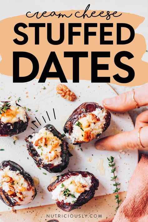 You’ll love these sweet and savory cream cheese stuffed dates! They are the perfect quick and healthy appetizer or snack for your next get-together. Great for meal prep and the holidays! Cream Cheese Dates, Cream Cheese Stuffed Dates, Dates Stuffed With Blue Cheese, Dates Stuffed With Cream Cheese, Dates Stuffed With Goat Cheese, Goat Cheese Stuffed Dates, Stuffed Dates With Goat Cheese, Dairy Free Recipes Healthy, Oil Free Vegan Recipes