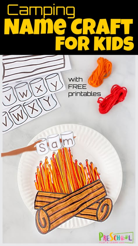 Recognize Name Activities, Fire Kindergarten Activities, C Is For Camping, Smores Name Craft, Camping Activities For Preschool Crafts For Preschoolers, S'mores Name Craft Preschool, Camping Crafts Kindergarten, Camping Arts And Crafts For Preschool, Camping Theme Preschool Free Printables