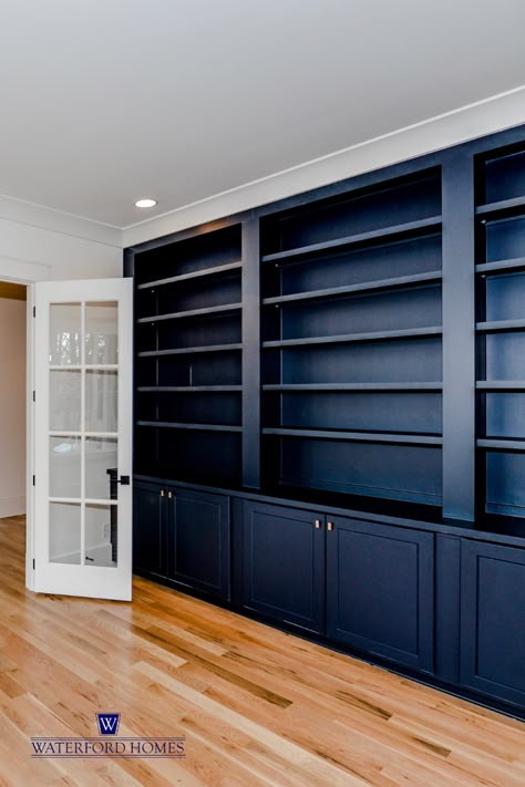 Shelves Living Room, Blue Bookcase, Home Library Rooms, Built In Shelves Living Room, Office Built Ins, In Home Office, Blue Office, Modern Farmhouse Home, Home Library Design