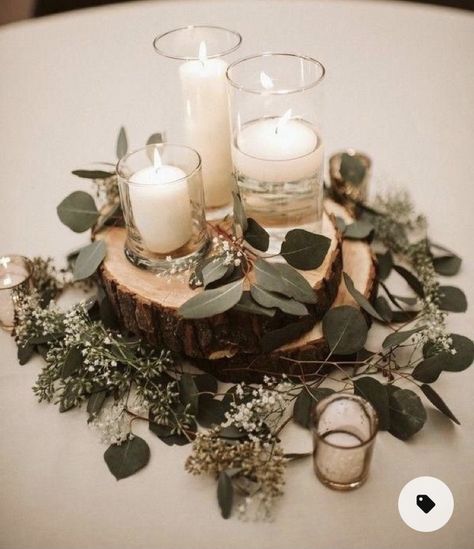 Rustic And Pearls Wedding, Wedding Decor Forest Theme, Wood Candle Centerpiece Wedding, Wooden Disc Centerpiece Weddings, Wood Charger Centerpiece, Rustic Circle Table Wedding, Wood Slice Centerpiece Wedding Rustic Table, Earth Tone Centerpiece Wedding, Centerpiece With Wood Slices