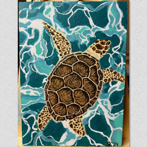 Acrylic painting of a Green Sea Turtle Beach Inspired Paintings, Sea Turtle Painting Easy, Simple Sea Turtle Painting, Beach Turtle Painting, Turtle Painting Ideas, Turtle Painting Easy, Sea Turtle Art Painting, Sea Turtle Painting Acrylic Easy, Painting Ideas On Canvas Sea Turtle