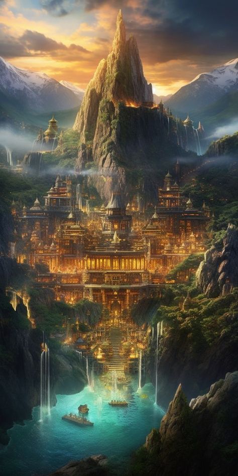 City In The Mountains Art, Flying City Fantasy Concept Art, Mountain Kingdom Fantasy Art, Mountain City Fantasy Art, City In Mountain, Fantasy Places Mystic, Fantasy Landscape Concept Art, Fantasy World Landscapes, Mystical Mountains