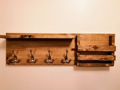 Simple DIY entry way coat rack with mail organizer and floating shelf. #diy #coatrack #foyer #entryway #diyhomedecor Wood Working Shelf, Entryway Coat Rack Ideas Farmhouse, Diy Mail And Key Holder, Diy Wall Mounted Coat Rack, Diy Wood Key Holder, Diy Coat Rack Wall Entryway, Entry Coat Rack Ideas, Coat Rack Diy Wall, Diy Coat Rack Wall