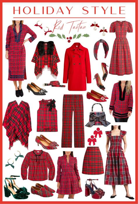 Tartan Clothing For Women, Tartan Shoes Outfit, Holiday Style 2023, Tartan Dresses For Women, Vintage Christmas Outfits For Women, Red Style Outfit, Tartan Fashion Women, Red Tartan Skirt Outfit, Holidays Outfits Christmas