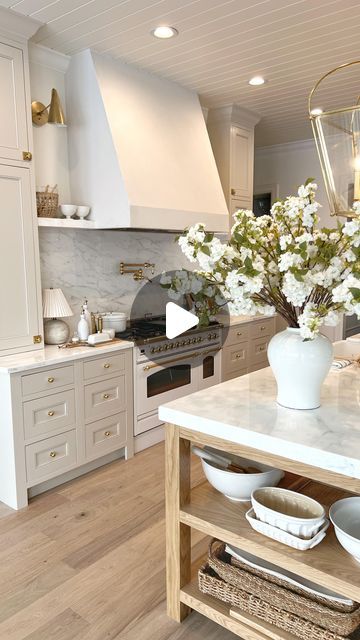 Chelsey Hale Design on Instagram: "A new kitchen with so many favorite design elements:  -calacatta marble countertops and backsplash  -Italian stove  -unlacquered brass hardware and plumbing  -plaster hood  -white oak island and wood floors  -creamy white cabinets in BM Edgecomb Gray   #kitchendesigns #interiordesignerslife #kitchendecorating" Plaster Hood Kitchen With Cabinets, White Kitchen Cabinets With White Oak Island, White Kitchen Oak Island, White Oak Island Kitchen, Kitchens With No Upper Cabinets Ideas, Marble And Wood Kitchen, Bm Edgecomb Gray, White Oak Kitchen Island, Marble Countertops And Backsplash