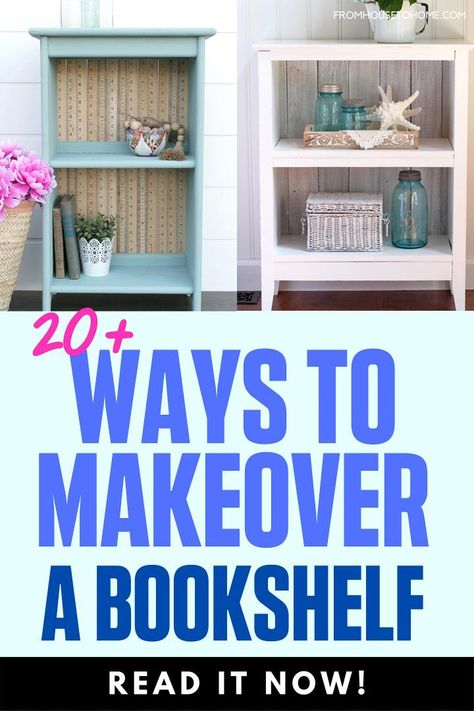 Try these easy DIY bookshelf makeovers to update an old, ugly bookcase or modernize a builtin. Find ideas for painting bookshelves, learn how to cover the back and see how to add some custom details that will make your bookcases look custom made. #fromhousetohome #diy #home #decor #diydecorating #furniture Bookshelf Makeover Diy, Diy Bookshelf Makeover, Easy Diy Bookshelf, Build Your Own Shelves, Painting Shelves, Shelf Makeover, Bookcase Makeover, Bookshelf Makeover, Old Bookshelves