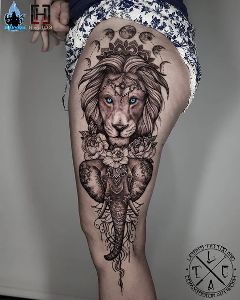 Lion and elephant thigh piece Insta: @leigh_tattoos Fb: leighstca For all bookings an enquiries contact me directly at my Fb page: leighstca @heliostattoo - 10% off discount code: Leigh10 @h2oceanloyalty . . . #goldcoast #tattoo #tattoos #tat #inspirationtattoo #tattooist #tattooartist #tattooart #ink #inked #tattooedgirls #tattooedguys #inkgeeks #follow #followme #bestoftheday #greywash #superbtattoos #heliostattoo #sullenclothing #radtattoos #blxckink #Loyalty4Life #H2Ocean #liontattoo #elepha Elephant Thigh Tattoo, Lion And Elephant, Elephant Tattoo Meaning, Thigh Piece Tattoos, Animal Tattoos For Women, Vogel Tattoo, Lioness Tattoo, Hip Thigh Tattoos, Lion Tattoo Sleeves