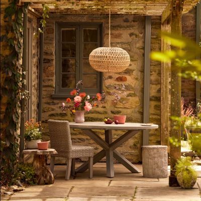 Furniture | Dining Tables, Chairs, Benches + Accents for Indoors + Out - Terrain Patio With Dining Table, Front Porch Plants, Front Porch Lighting, Boho Patio, Pink Home Decor, Front Porch Decorating, Teak Table, Furniture Dining Table, Outdoor Garden Furniture