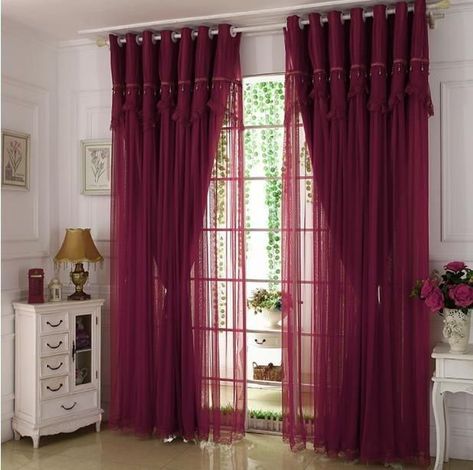 Living Room Curtains Design Ideas | Window Sheer Curtains Blinds Home Decor | Home Interior Design Red Curtains Living Room, Maroon Curtains, Curtains Design Ideas, Burgundy Curtains, Burgundy Living Room, Color Curtains, Curtains Design, Living Room Drapes, Living Room Red