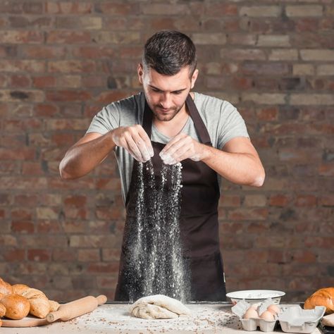 Portrait of male baker dusting knead dou... | Free Photo #Freepik #freephoto #people #man #bakery #kitchen Aprons With Pockets, Restaurant Aprons, Baker Man, Man Cooking, Girl Cooking, White Flour, Fresh Bread, Cooking Apron, Bread Dough