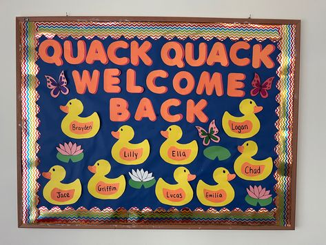 Quack Quack Welcome Back, Duckling Bulletin Board, New School Year Bulletin Board Ideas, Welcome Back To School Bulletin Boards Toddler, Quack Quack Welcome Back Bulletin Board, Classroom Bulletin Boards Daycare, Welcome Back To Preschool Bulletin Board, Infant Back To School Bulletin Boards, Back To School Infant Bulletin Board