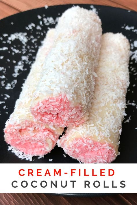 three cream filled coconut rolls Coconut Roll Cake, Finger Food Dessert, Easy Mini Desserts Recipes, Coconut Rolls, Easy Finger Food, Coconut Roll, Cooking Fails, Brazilian Desserts, Mini Dessert Recipes